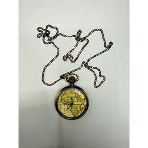 Brass Tone World Map Pocket Watch Necklace 31" Engraved Steampunk NOT WORKING